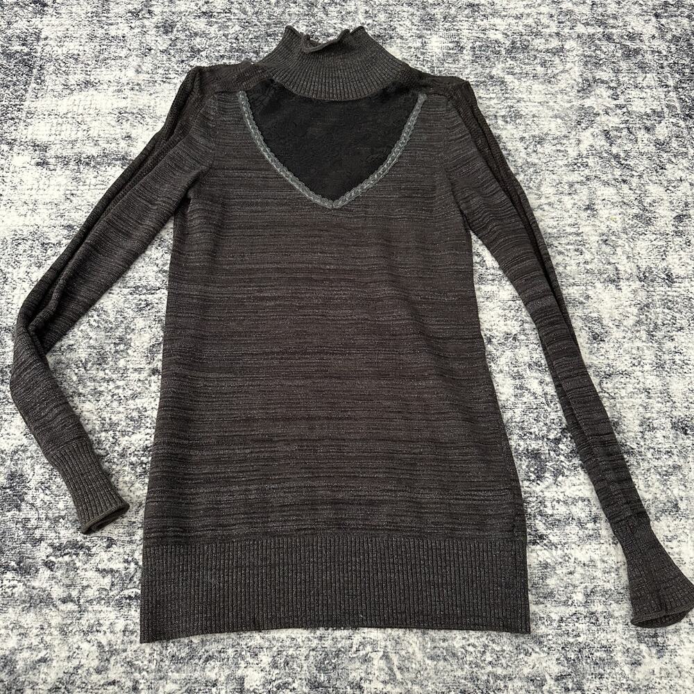 Free People Shimmer Gray Ribbed Turtleneck Sweater Long Sleeve Cutout Size Small